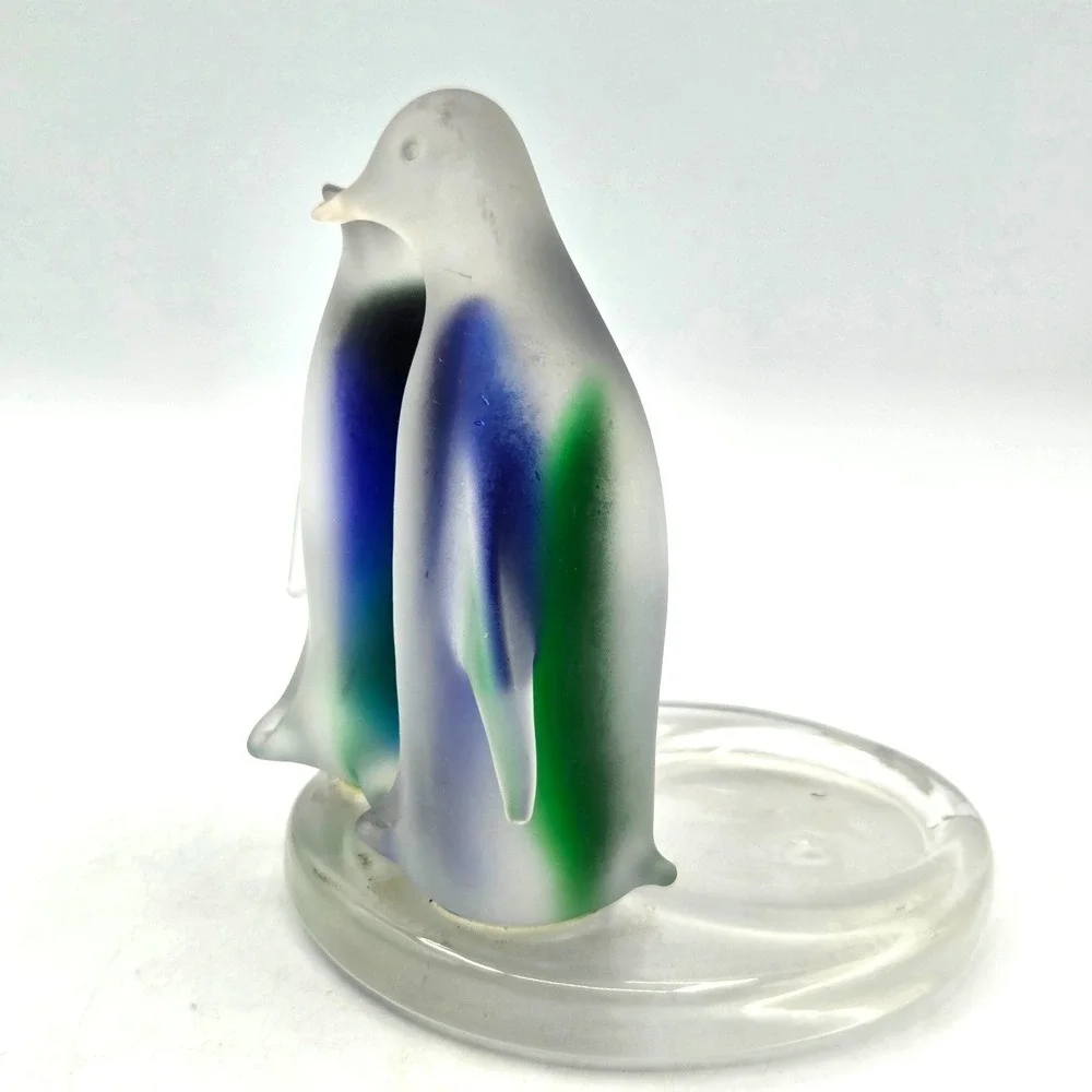 Penguin Tealight Candle Holder Partylite Frosted Clear Blue Green Glass‎